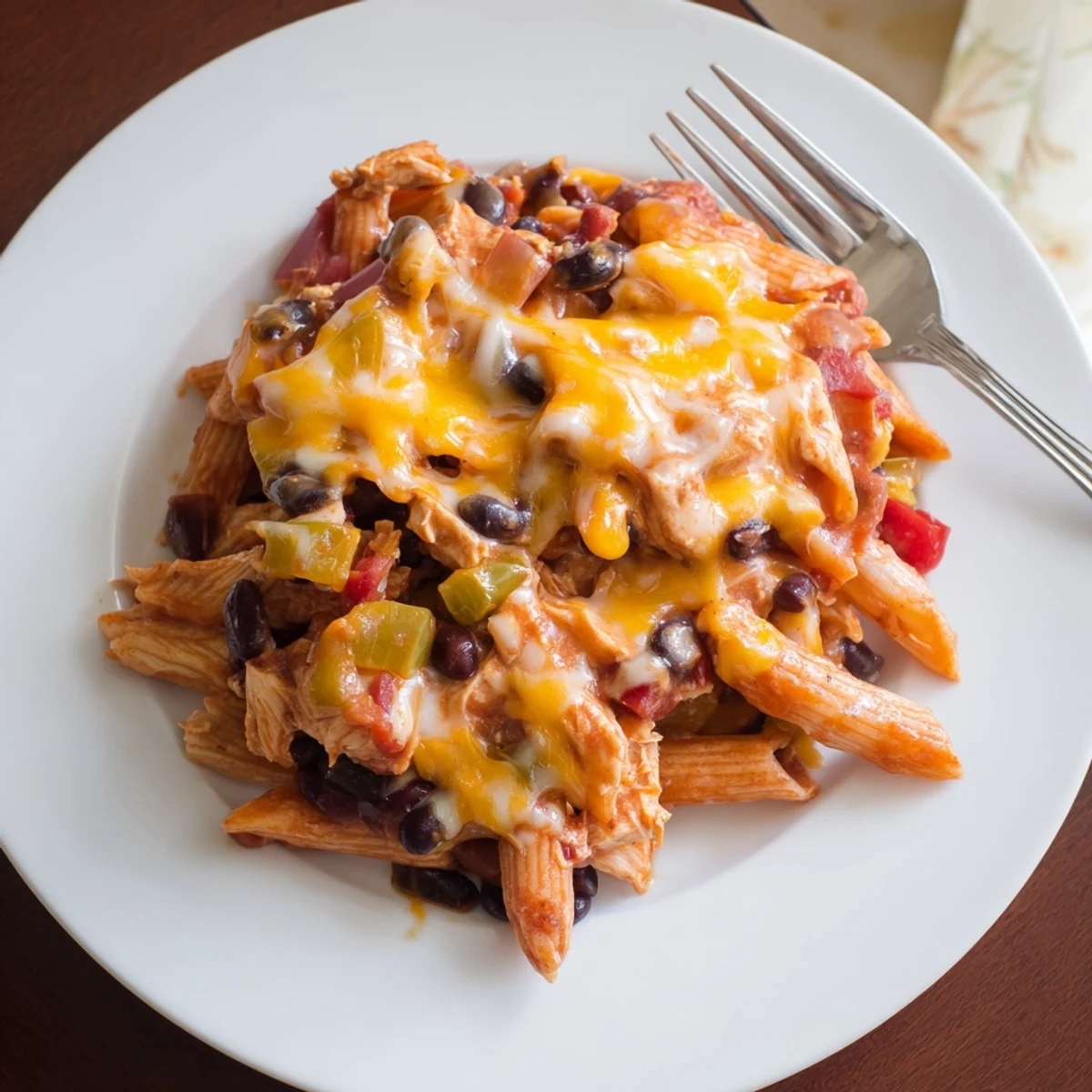 A steaming skillet of Chicken Enchilada Pasta, featuring shredded chicken, black beans, and penne coated in rich red enchilada sauce under melted Monterey Jack cheese.