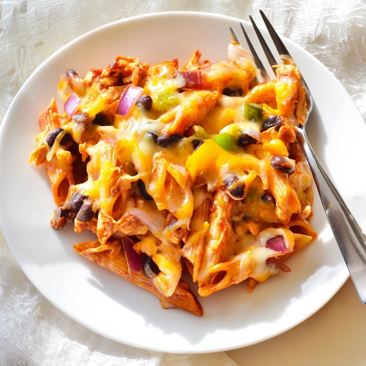 Serving of Chicken Enchilada Pasta in a rustic bowl, garnished with fresh cilantro and green onions, perfect for a cozy Tex-Mex weeknight dinner.