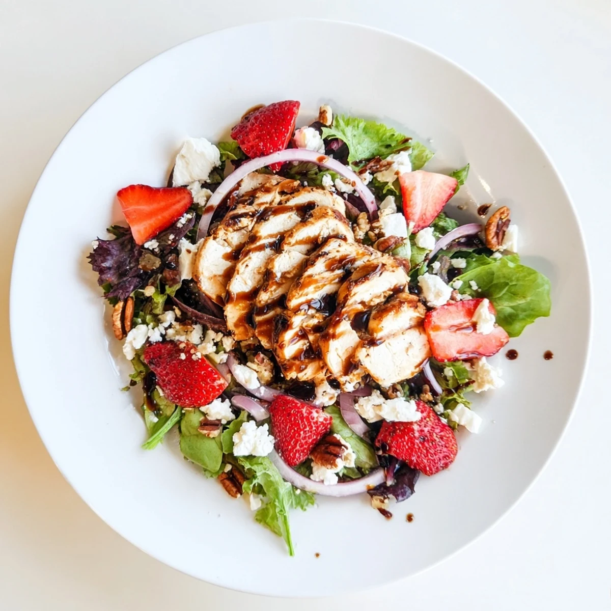 Juicy grilled chicken with honey balsamic glaze on a fresh salad with strawberries, goat cheese, and crisp greens.