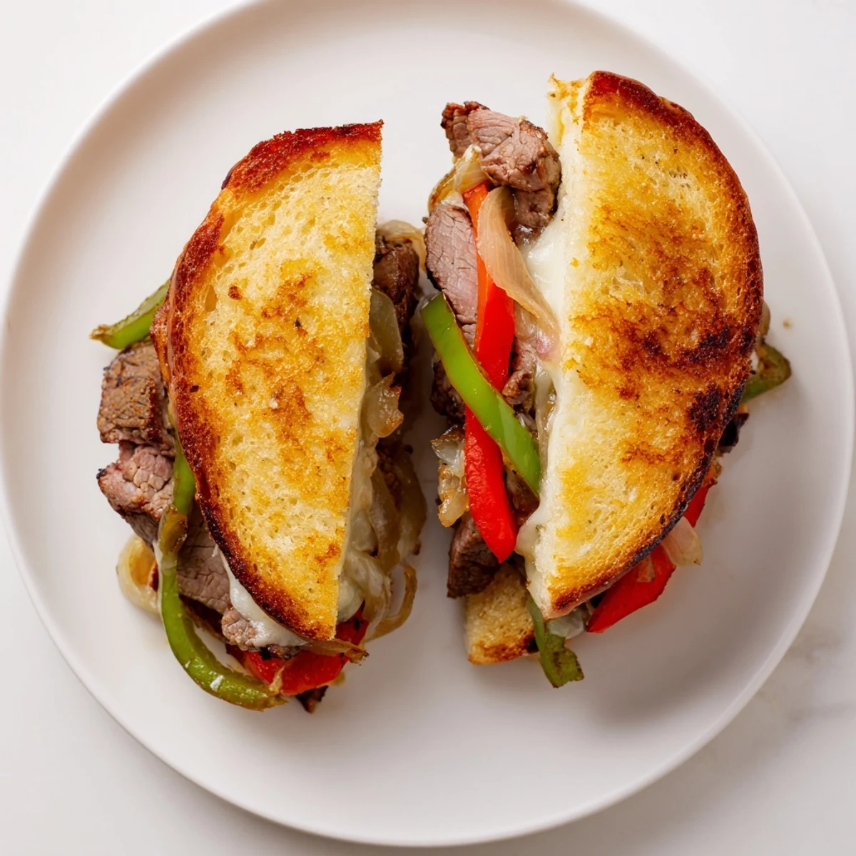 Golden-buttery sourdough slices stuffed with sizzling ribeye, caramelized peppers, and onions, topped with melted provolone cheese.