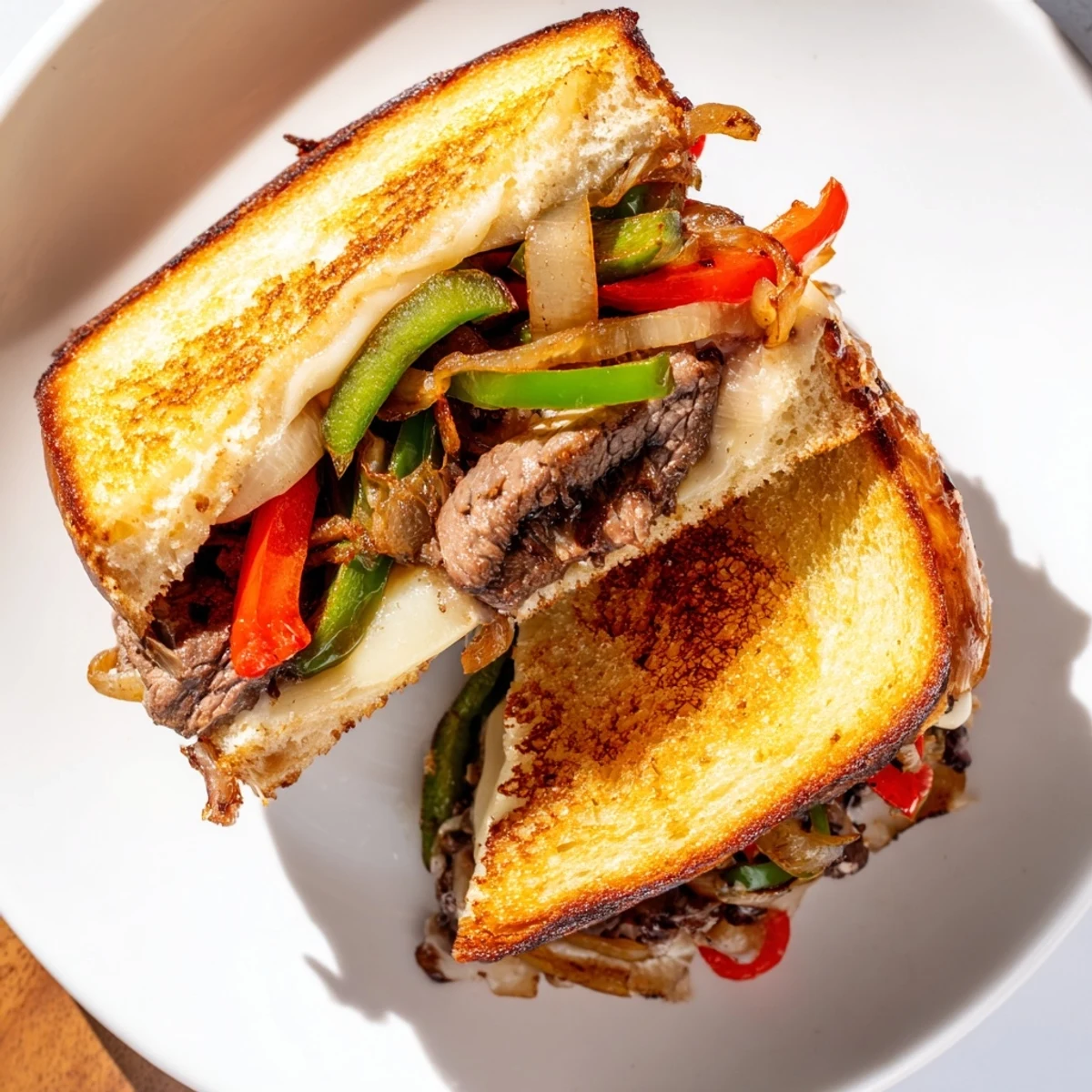 A close-up of a Philly Cheesesteak Grilled Cheese, highlighting the gooey provolone stretching between the toasted bread.