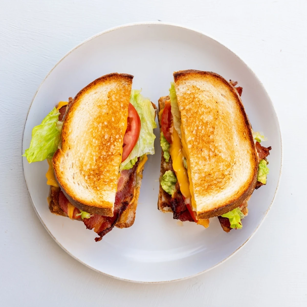 Golden, buttery sourdough grilled cheese layered with crispy bacon, fresh tomato, creamy avocado, and melted cheddar, cut in half to reveal the colorful layers.