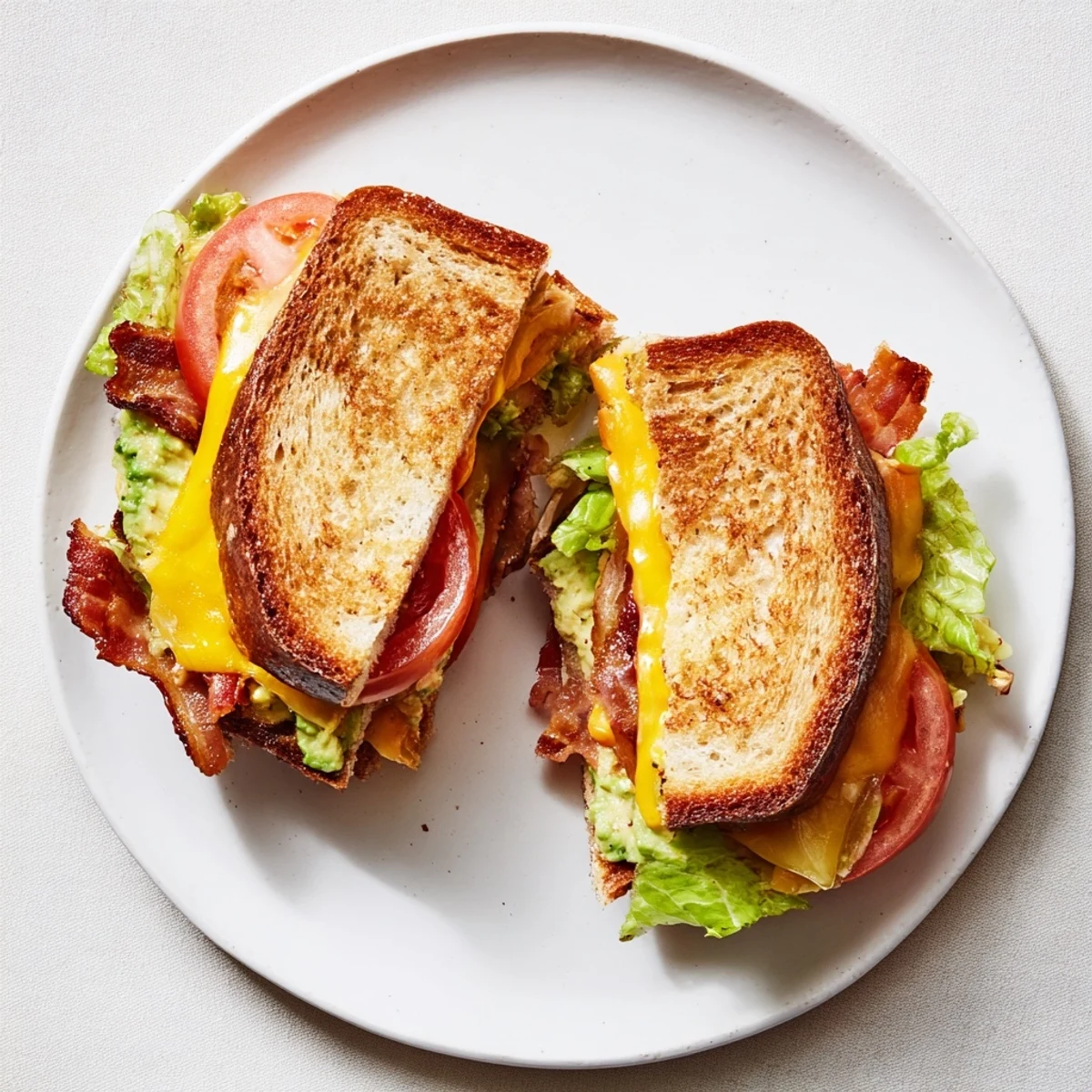 A close-up of an Avocado BLT Grilled Cheese sandwich, showcasing thick-cut bacon and ripe avocado slices nestled between melted cheese and crisp lettuce leaves.