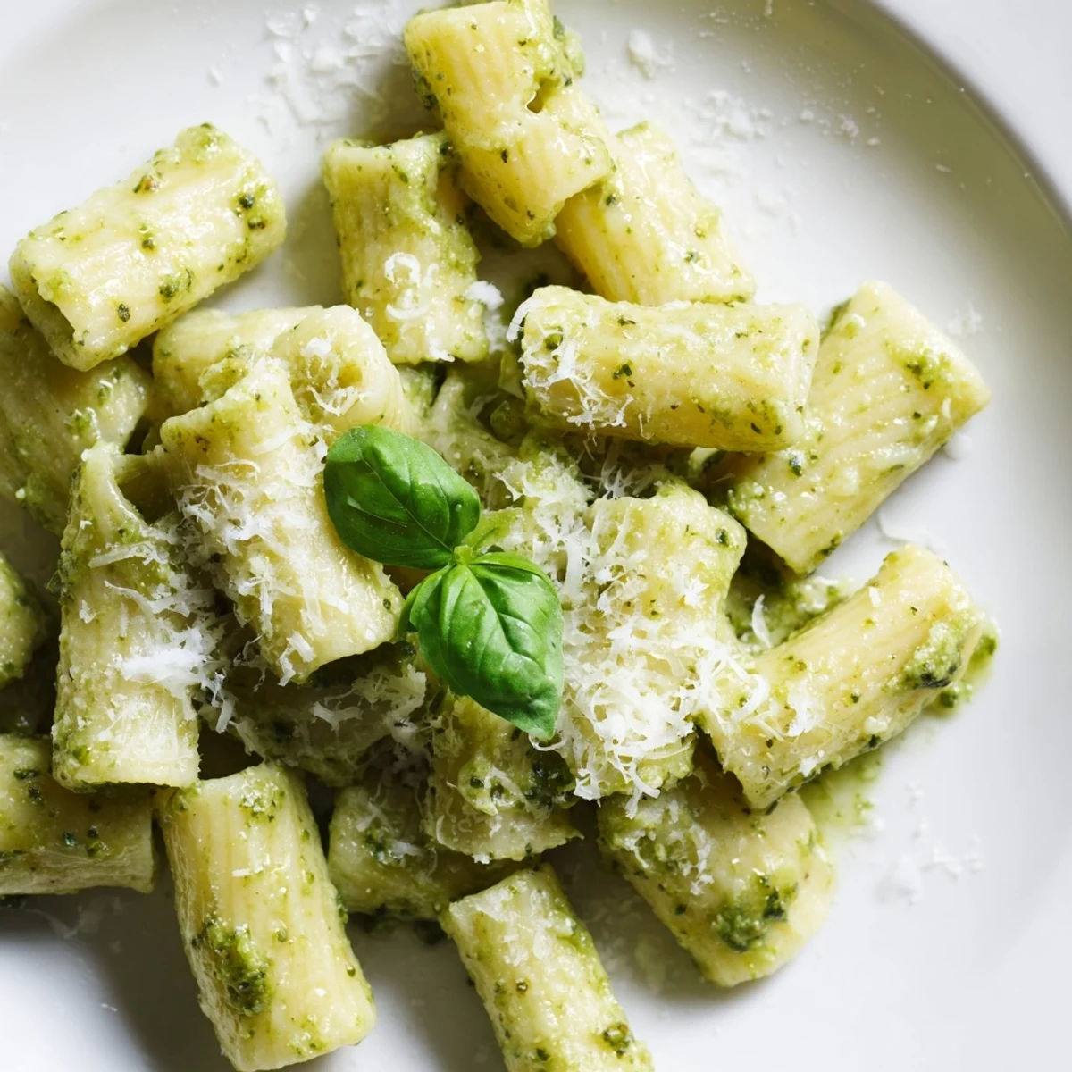 A bowl of creamy avocado pesto mac garnished with fresh basil and grated Parmesan, showcasing the vibrant green sauce coating each tender pasta piece.