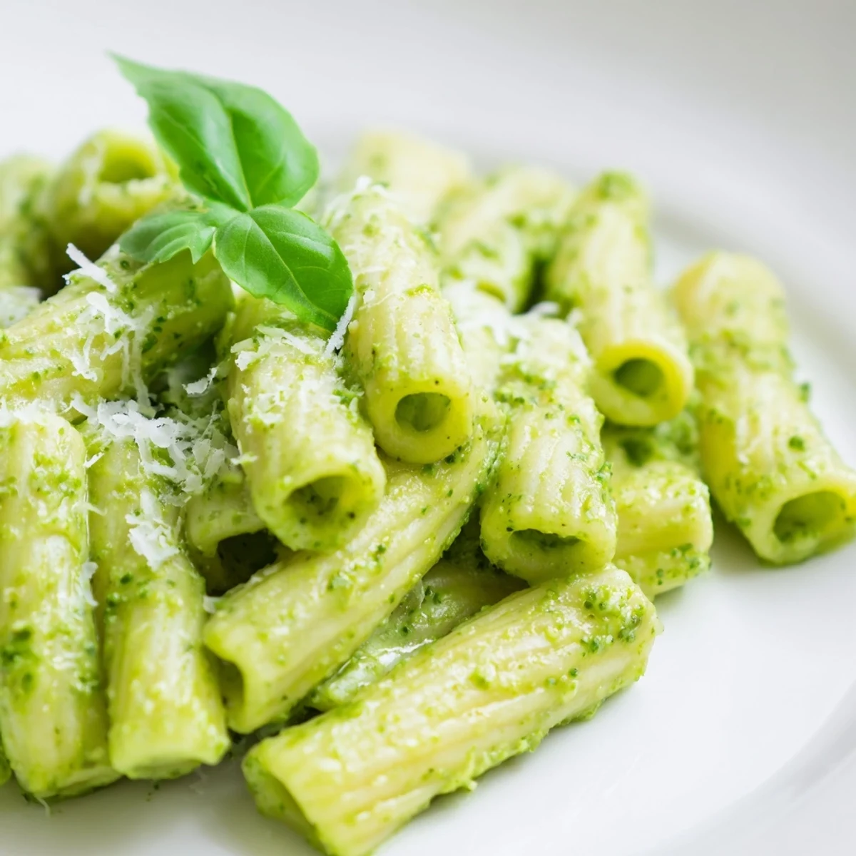 Savory avocado pesto mac tossed with al dente macaroni, drizzled with olive oil and served warm as a comforting vegetarian dinner.