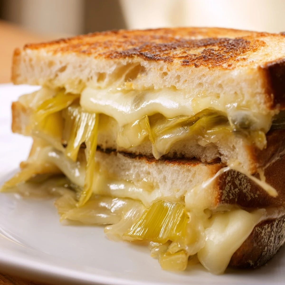 Golden-brown Havarti & Caramelized Leek Grilled Cheese, oozing with sweet, savory filling on buttery sourdough slices.