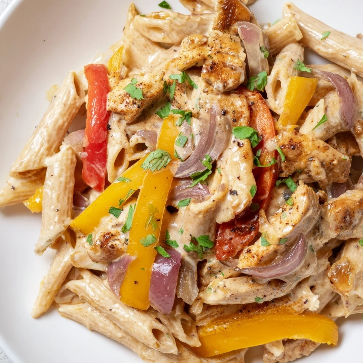 Tender fajita-spiced chicken, vibrant bell peppers, and onions simmer in a creamy cheddar sauce, all tossed with penne pasta in this one-pan Fajita Chicken Pasta Skillet.