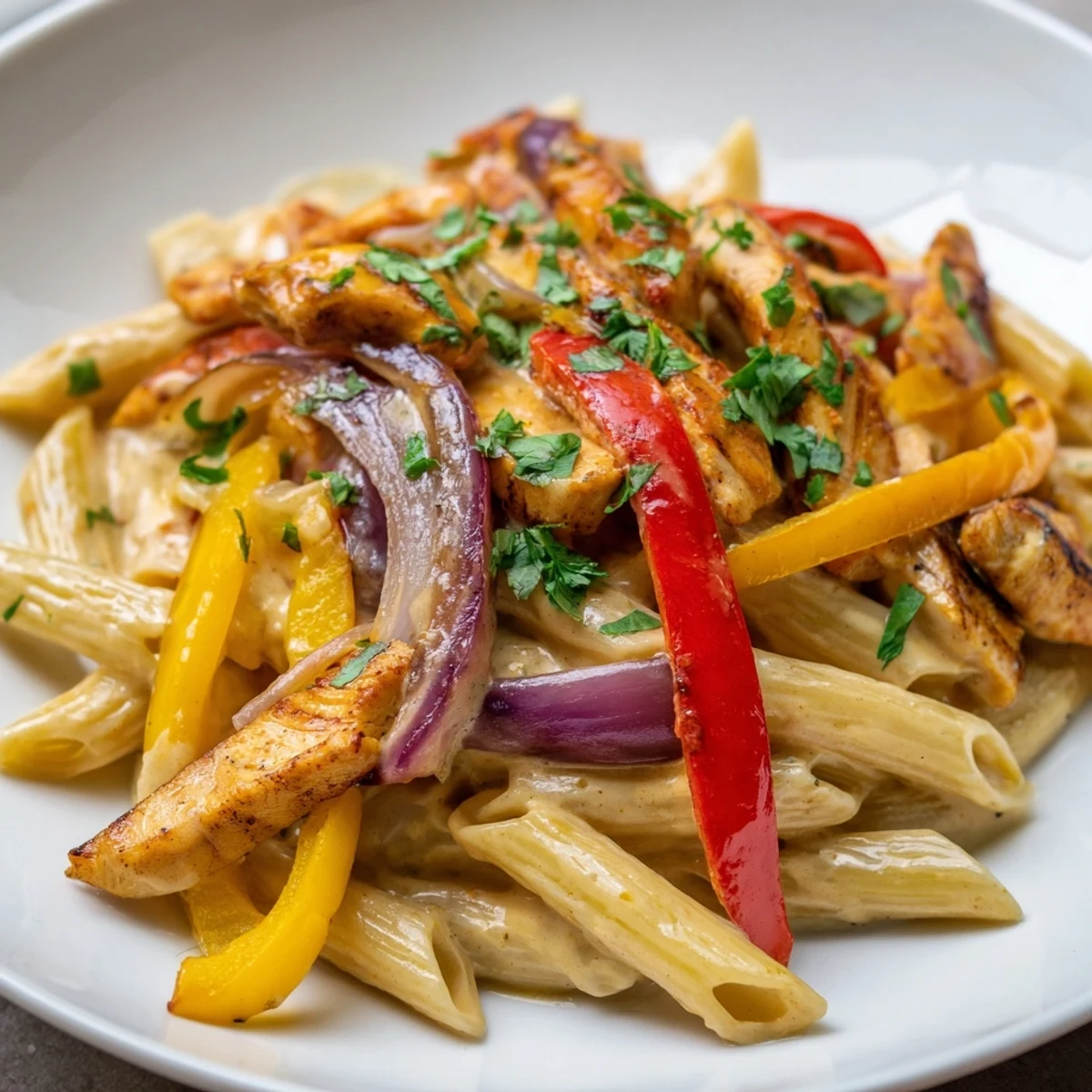 A close-up of the cheesy Fajita Chicken Pasta Skillet, garnished with fresh cilantro and lime wedges, showcasing colorful veggies and a glossy, savory sauce.