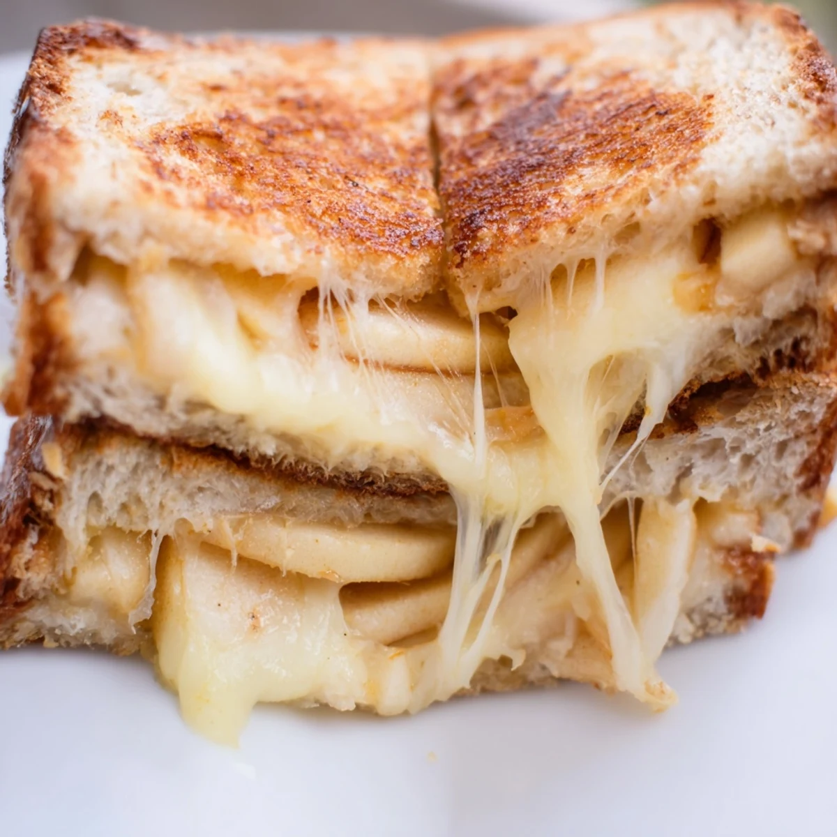 Golden-brown sourdough grilled cheese layered with melty smoked Gouda and crisp apple slices, served warm on a wooden board.