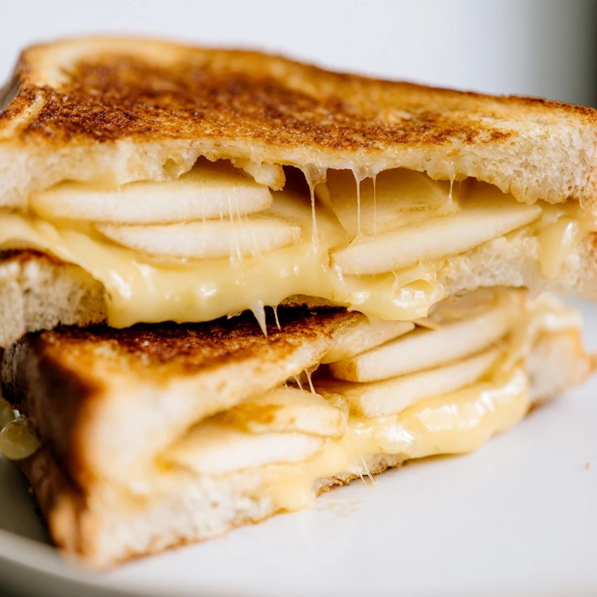 Melted smoked Gouda and thin apple slices peek from a crispy grilled cheese sandwich, paired with a cup of tomato soup.