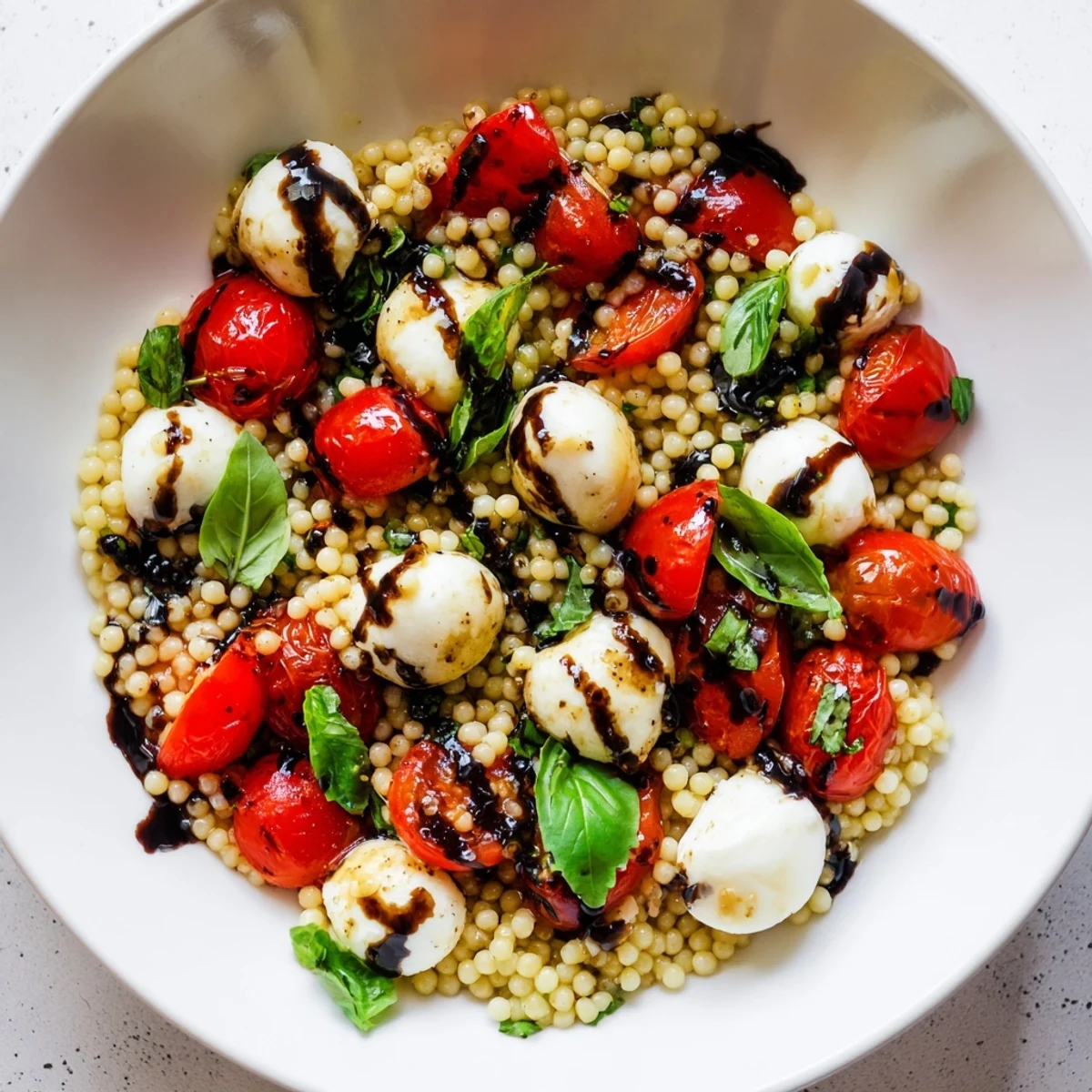 Glossy balsamic glaze drips over tender Israeli couscous salad with fresh mozzarella and basil.  