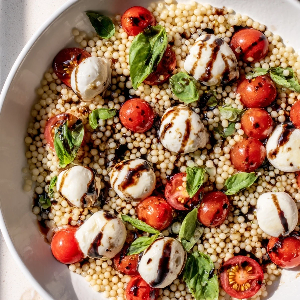 A vibrant Caprese Couscous Salad plated with extra-virgin olive oil and torn basil leaves.