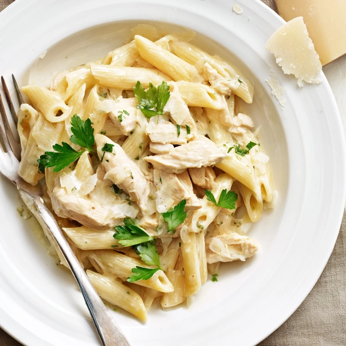 Roasted Garlic Chicken Penne served in a skillet with extra Parmesan and a glass of Pinot Grigio.  