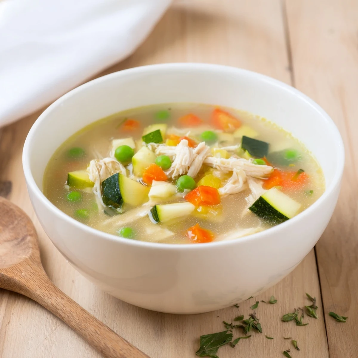 A close-up of Spring Garden Chicken Soup in a rustic bowl, with tender shredded chicken, vibrant peas, carrots, and fresh parsley garnish.