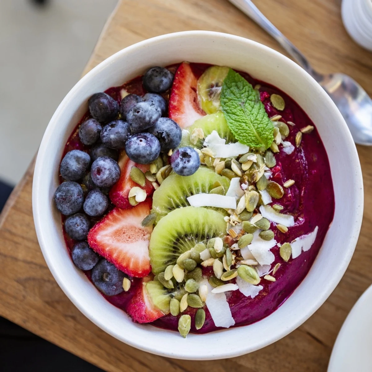 Spoon ready, this Beet and Berry Smoothie Bowl features sliced kiwi, strawberries, and hemp seeds.