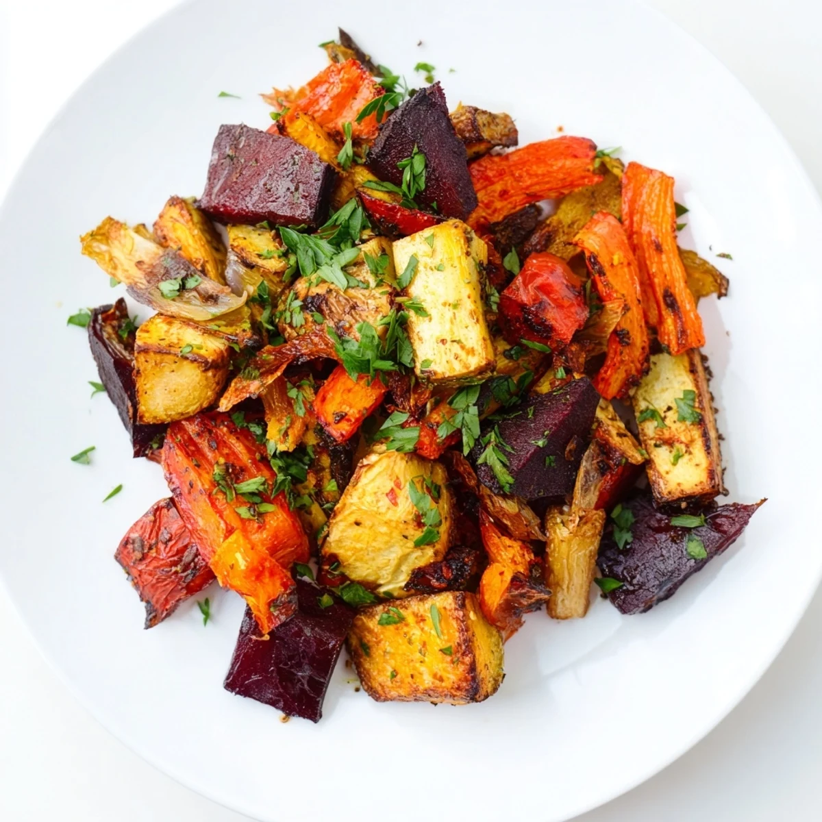 Golden roasted root vegetables with caramelized edges and fresh herbs glistening with olive oil on a rustic platter.