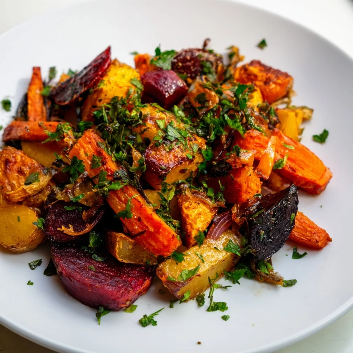 A colorful medley of carrots, parsnips, and sweet potatoes roasted with rosemary and thyme for a savory side.