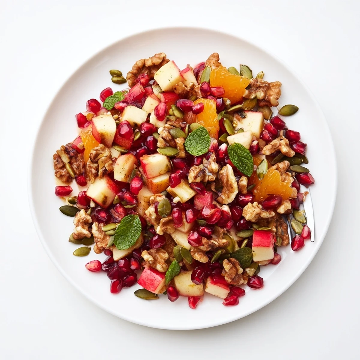 This Pomegranate and Walnut Salad recipe features crunchy walnuts and seeds atop mixed winter fruits, served in a white ceramic bowl for a healthy side.