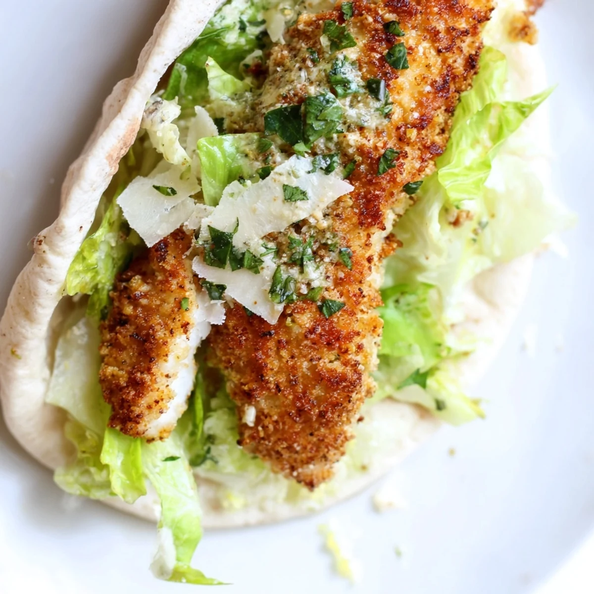Golden, herbed chicken cutlets rest inside warm pita pockets, filled with fresh Caesar salad and shaved Parmesan for a satisfying meal.  