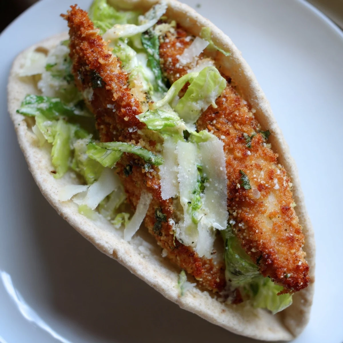 Stuffed pita pockets hold tender herbed chicken and creamy Caesar salad, perfect for a quick dinner.