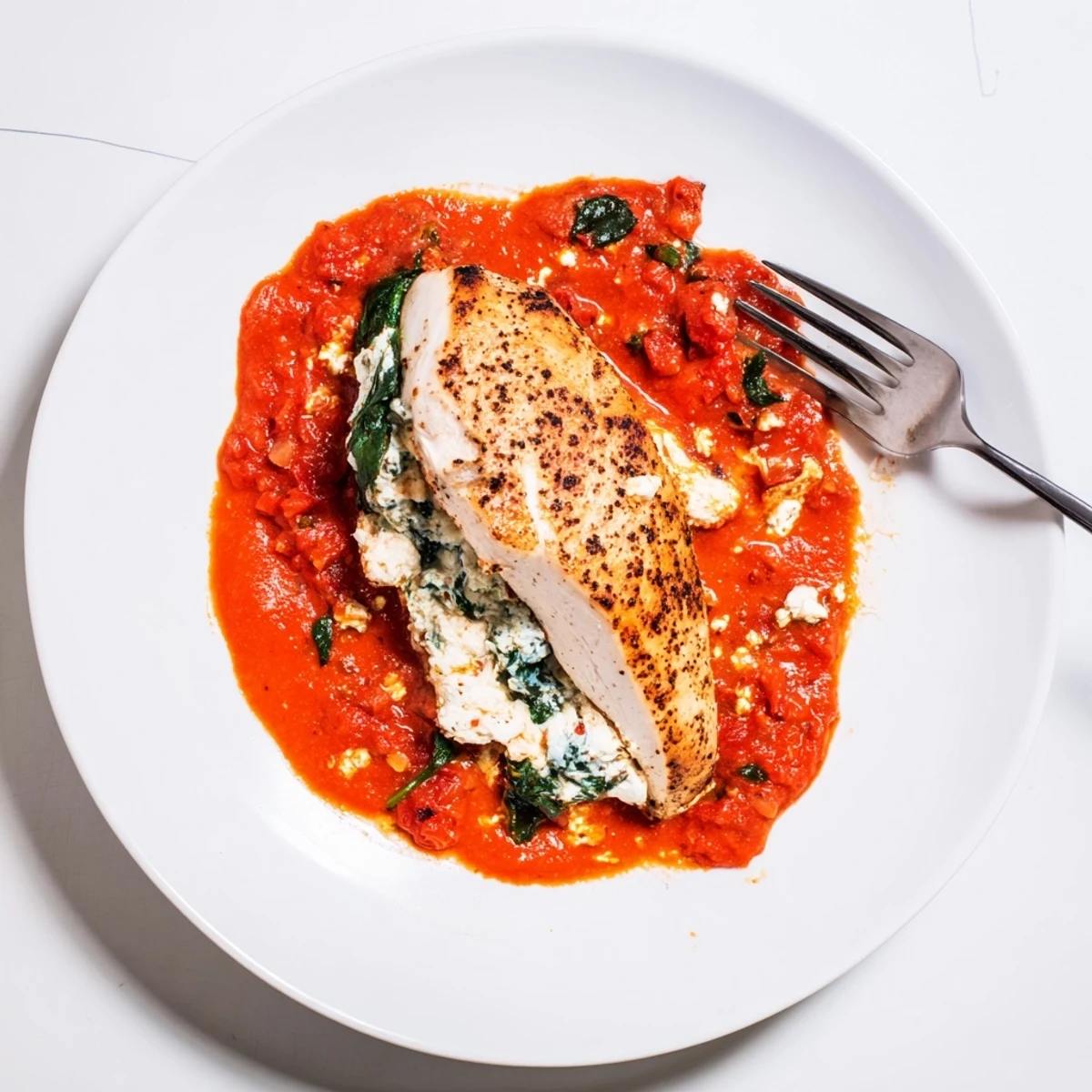 Golden-brown baked Spinach Ricotta Stuffed Chicken resting in a rich, bubbling tomato sauce, garnished with fresh basil.
