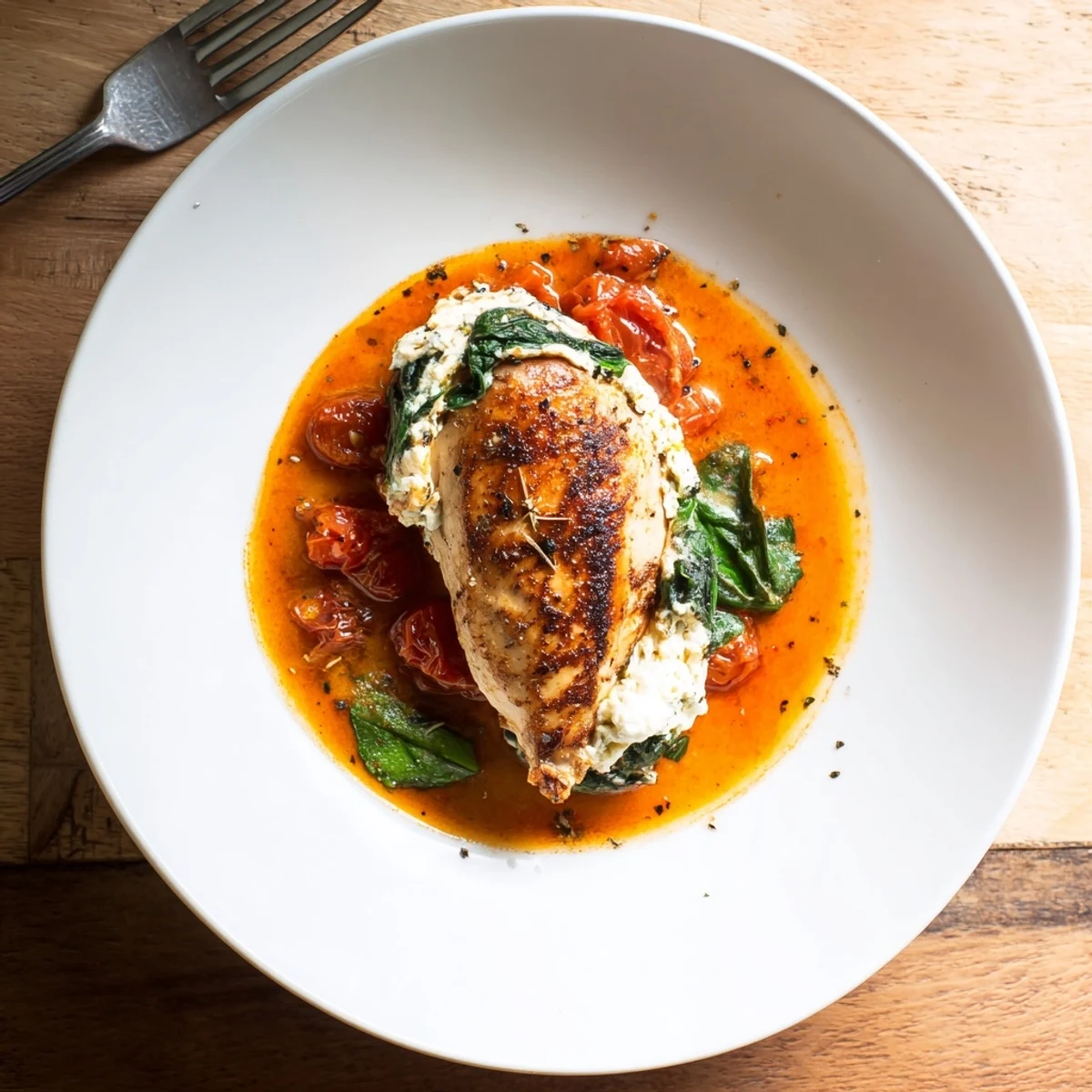 Tender stuffed chicken breasts served over pasta, with melted Parmesan and a side of crusty Italian bread.