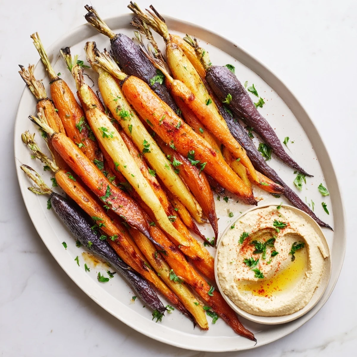 Vibrant oven-roasted rainbow carrots on a platter with creamy tahini hummus, garnished with fresh parsley and smoked paprika.  