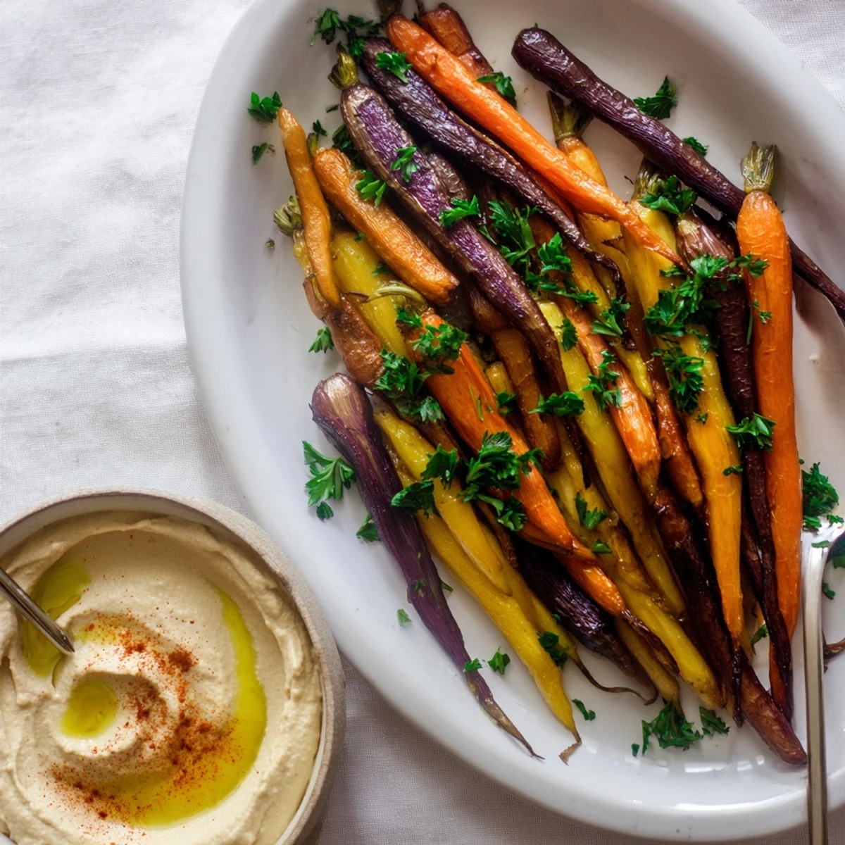 Colorful roasted rainbow carrots and smooth homemade hummus, served as a healthy vegan snack perfect for sharing.  