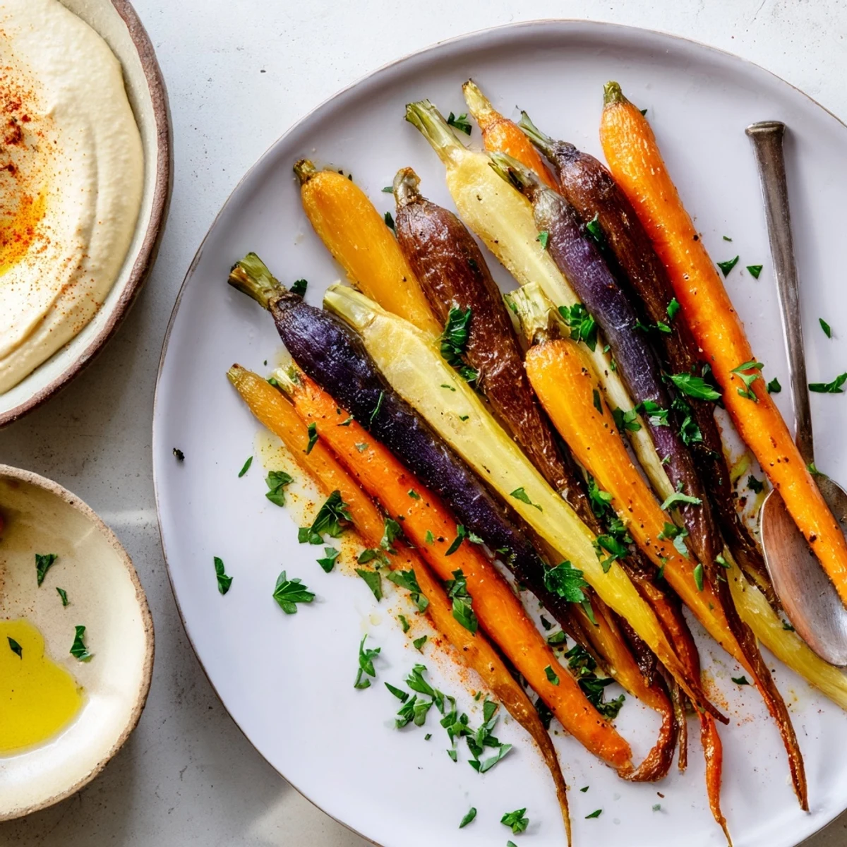 Golden-brown rainbow carrots and rich hummus dip, arranged on a platter for an easy Mediterranean appetizer.
