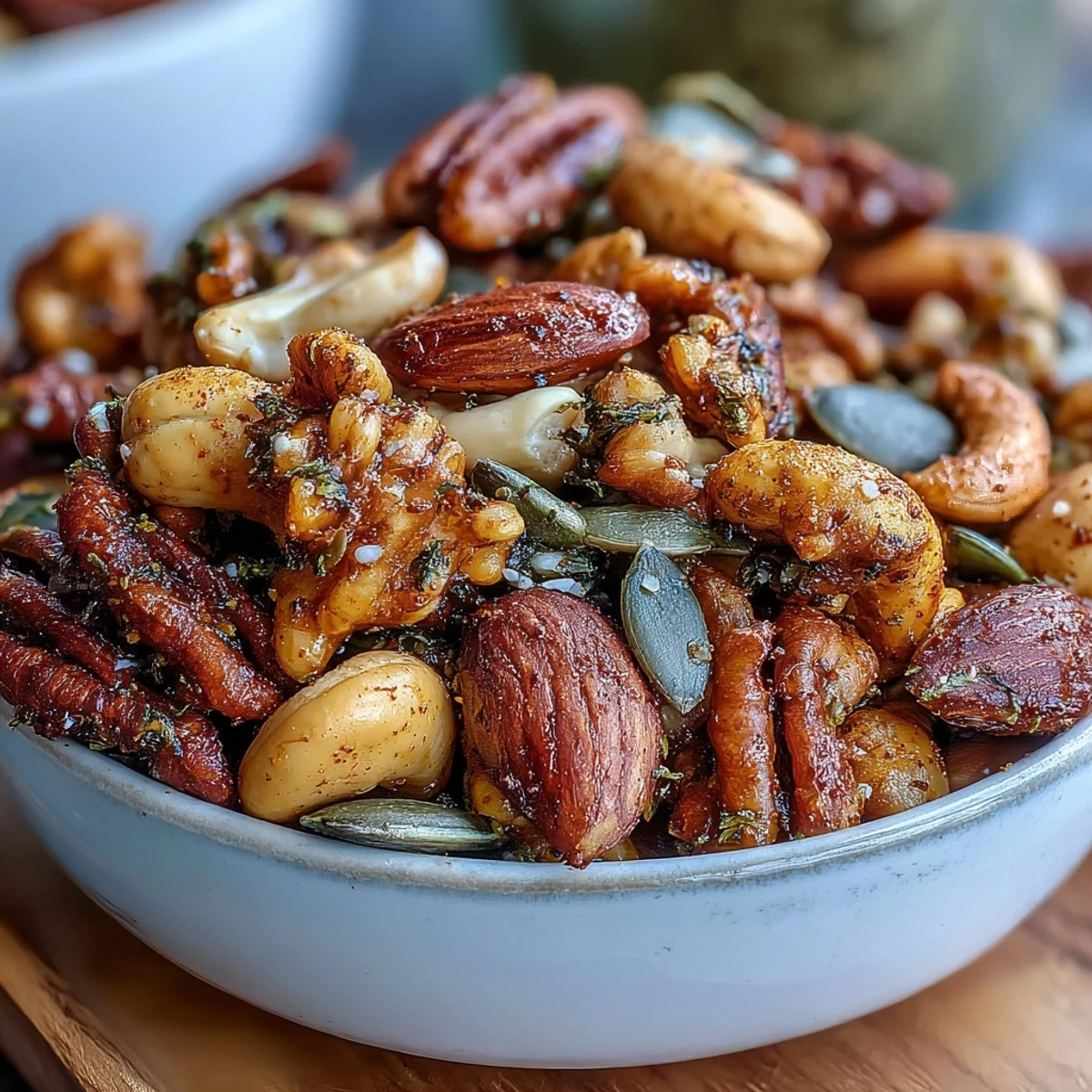 A hand scooping a portion of Spiced Nuts and Seeds Mix from a rustic wooden bowl, highlighting the crunchy texture and vibrant spices for gluten-free, vegetarian diets.