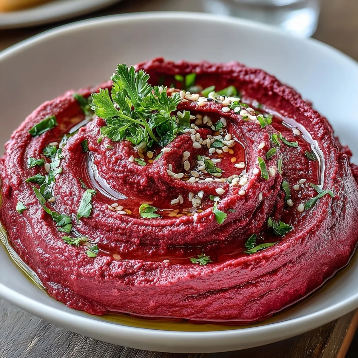 Vibrant, pink-hued Roasted Beet Hummus swirled in a bowl, topped with a drizzle of olive oil and fresh parsley, ready for dipping.