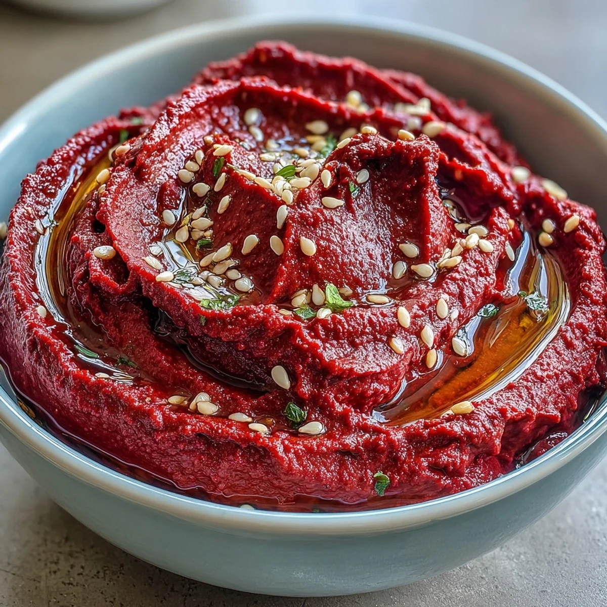 Earthy and sweet, this Roasted Beet Hummus features a creamy texture, garnished with sesame seeds and served alongside fresh vegetables.