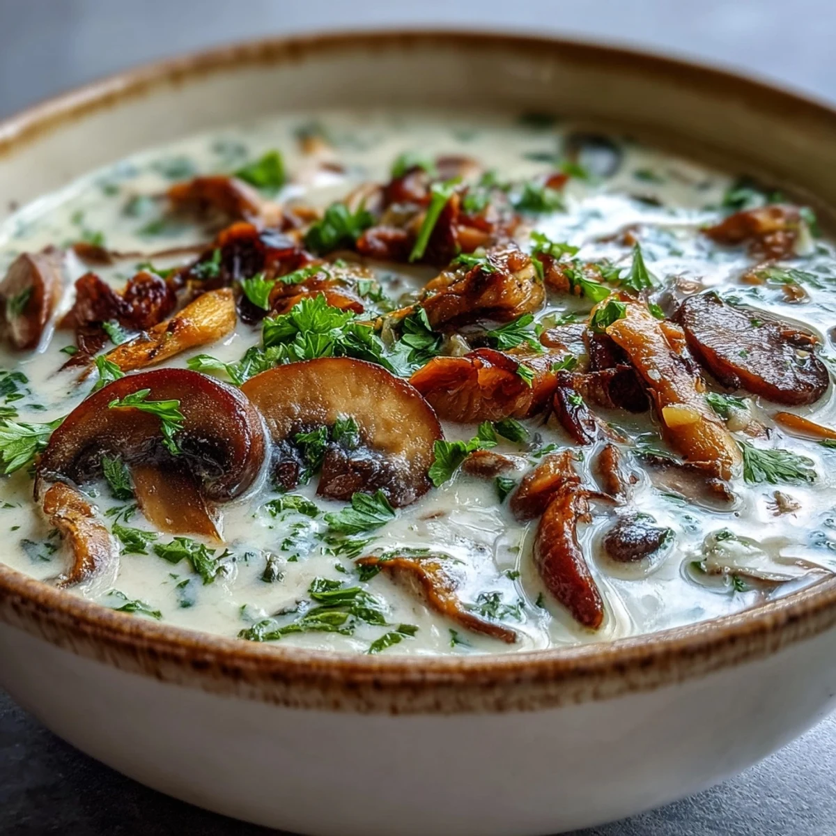 Creamy Mushroom Stroganoff Soup steaming in a rustic bowl, topped with fresh parsley and a dollop of sour cream. 