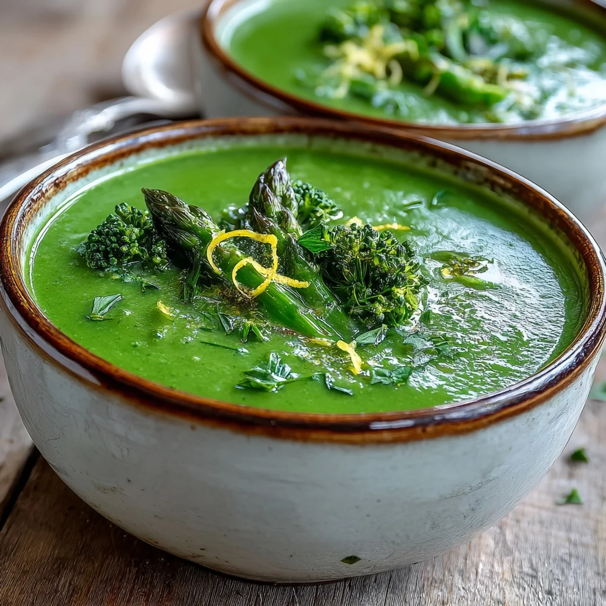 A close-up of the Big Green Immunity-Boosting Vegetable Soup, showcasing its creamy, vibrant green texture in a rustic bowl.