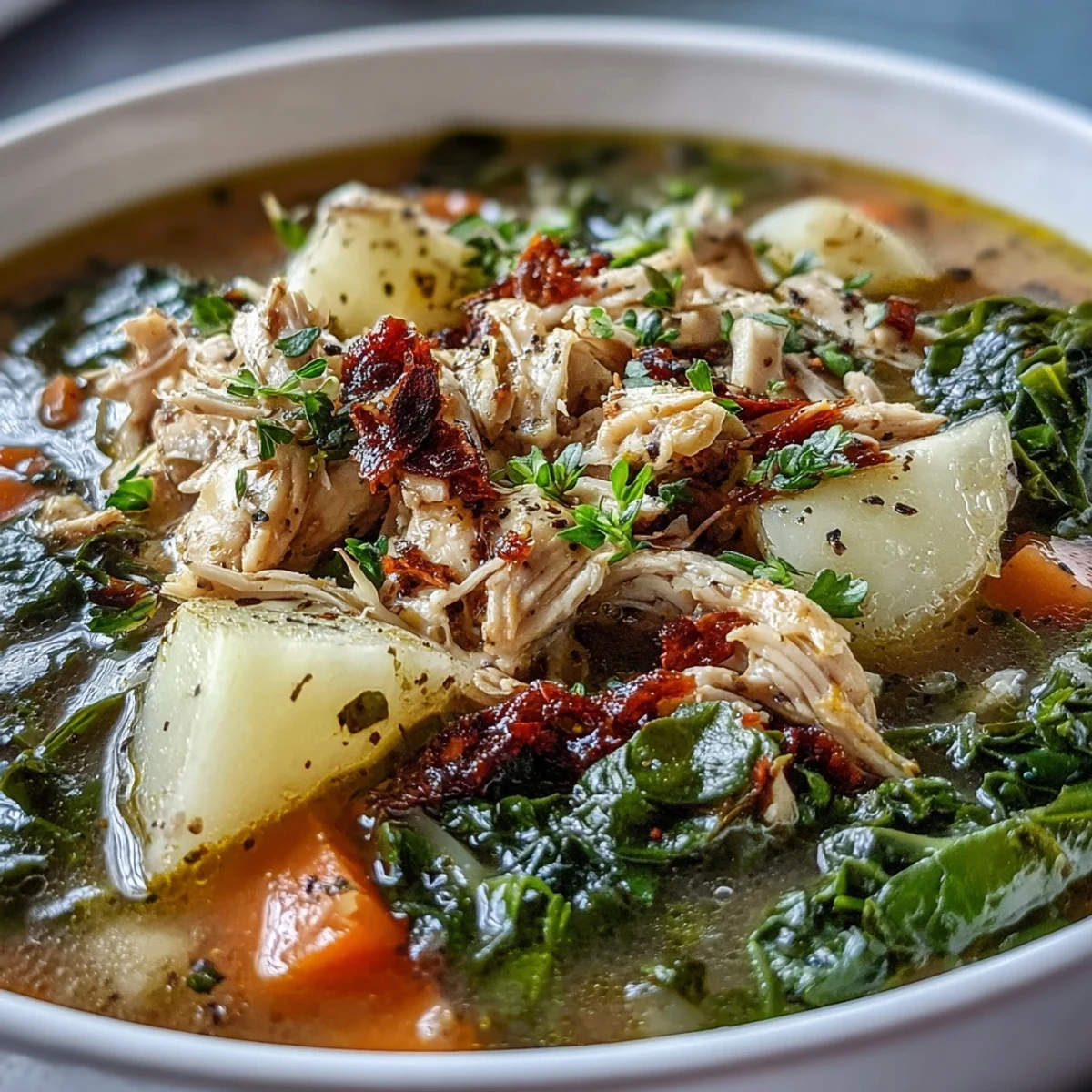 Steaming Collard Greens, Chicken and Vegetable Soup shows tender shredded chicken and vibrant green collard greens in a rich broth.