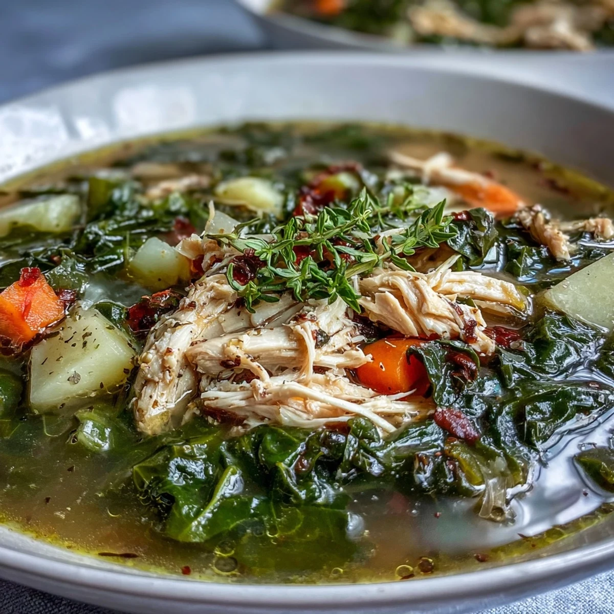 Served in a rustic ceramic bowl, Collard Greens, Chicken and Vegetable Soup garnished with fresh herbs is perfect for dinner.