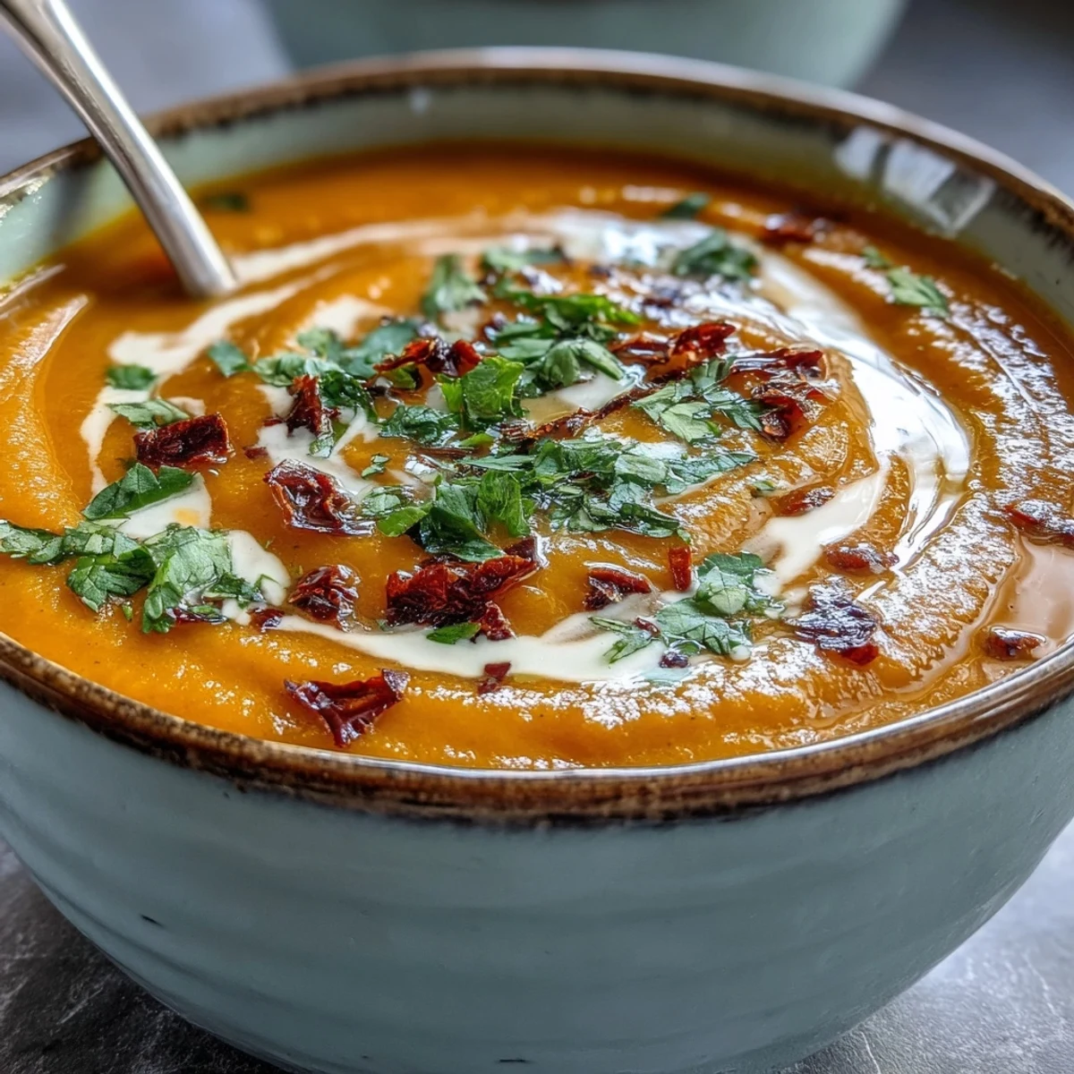 A bowl of vibrant Carrot, Celeriac and Chilli Soup, garnished with fresh cilantro and a creamy coconut swirl for a vegan treat.