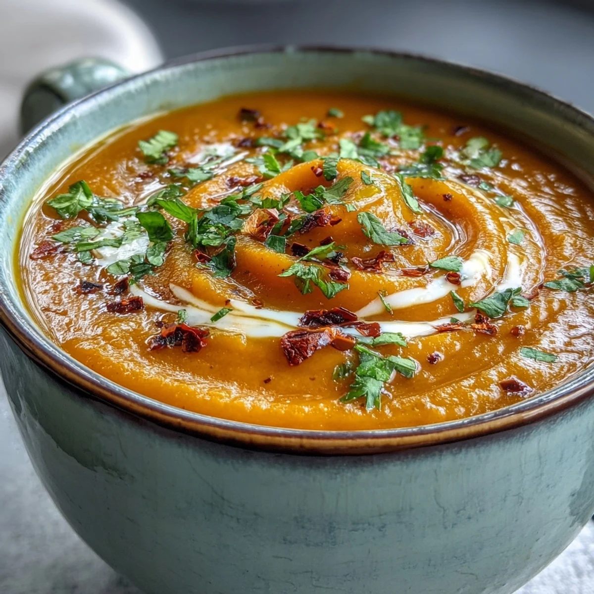 Steaming Carrot, Celeriac and Chilli Soup in a rustic bowl, featuring diced carrots and celeriac, served alongside gluten-free bread for dipping.