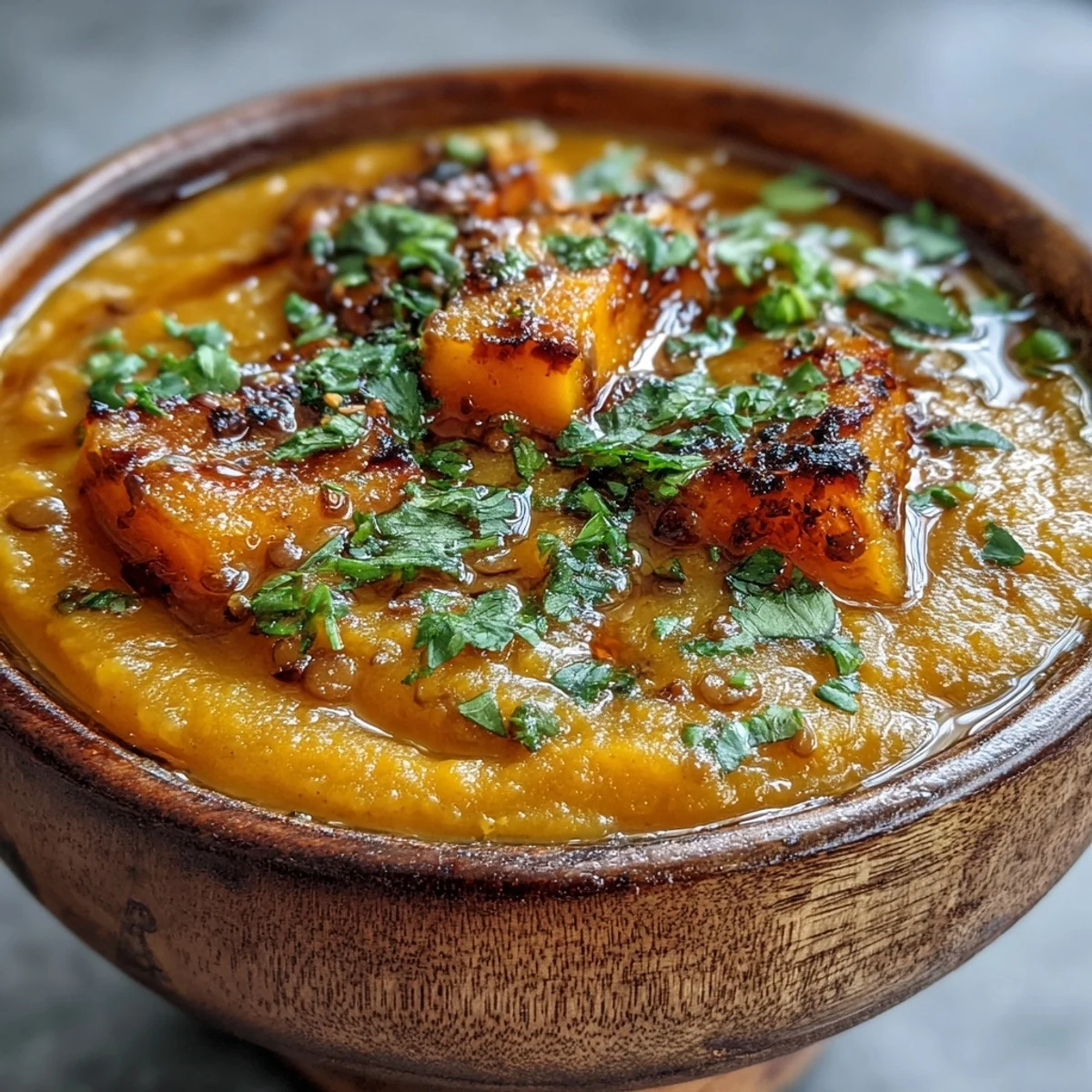 Spiced butternut squash and lentil soup steams in a white bowl, topped with fresh cilantro and served alongside warm naan bread for dipping.