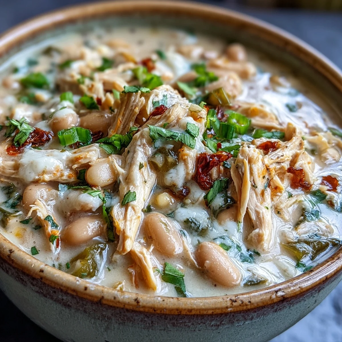 Hearty white chicken chili simmering in a creamy broth, topped with fresh cilantro and lime wedges.