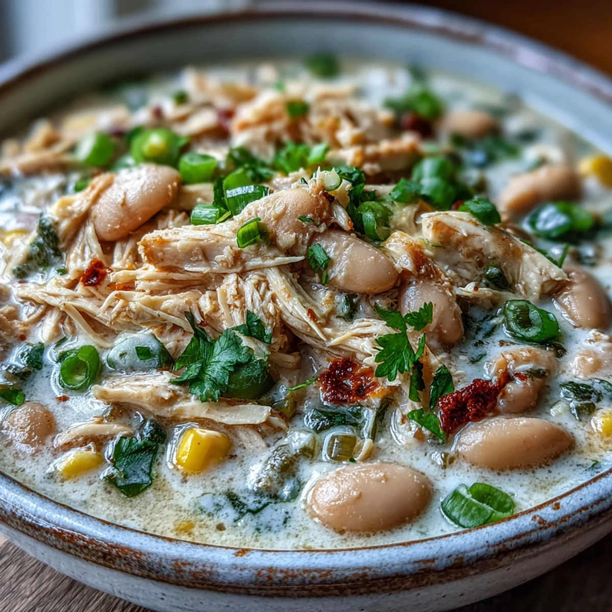 A bowl of white chicken chili with shredded chicken, white beans, corn, and melted cheese.