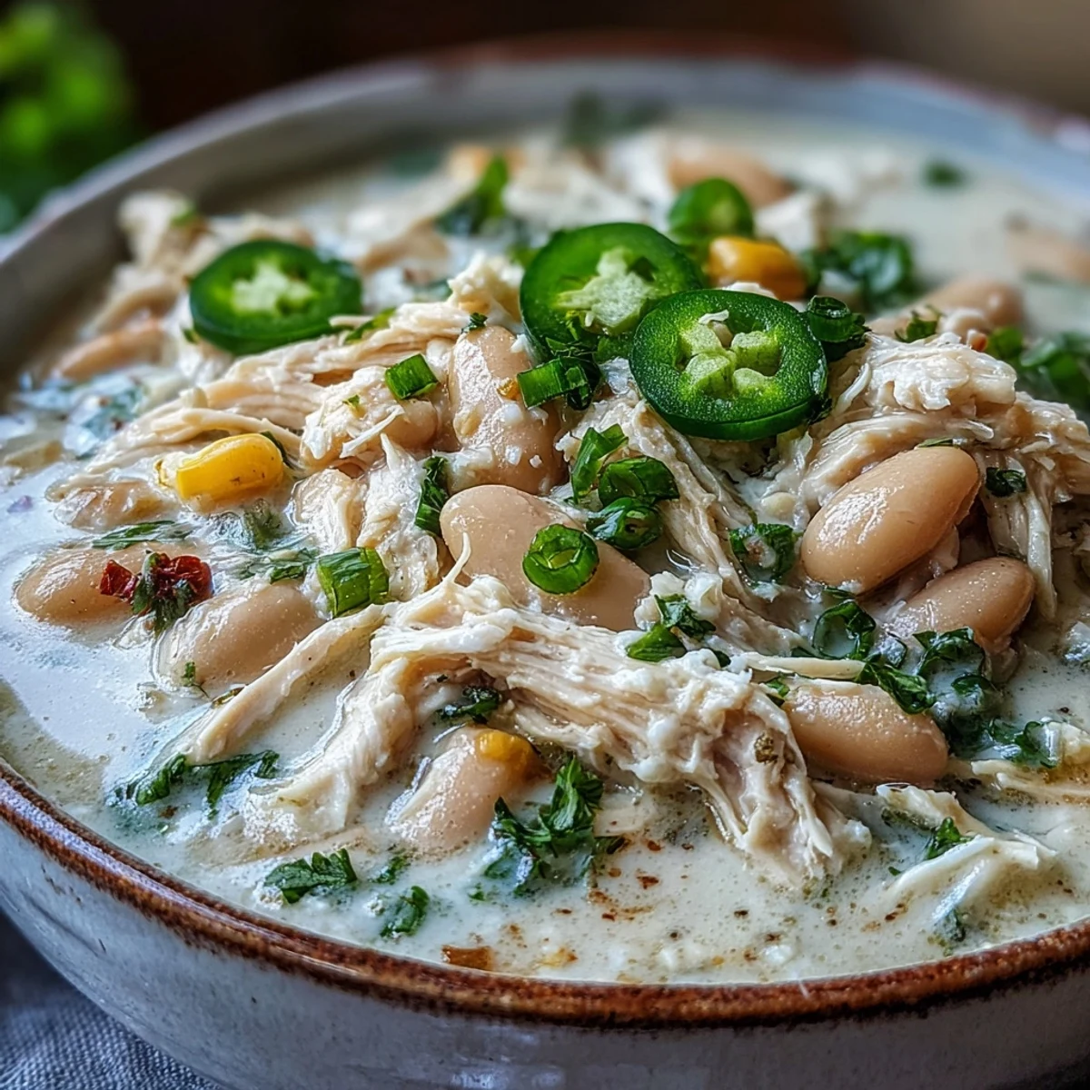 Steamy white chicken chili garnished with green onions, served warm with optional tortilla chips on the side.