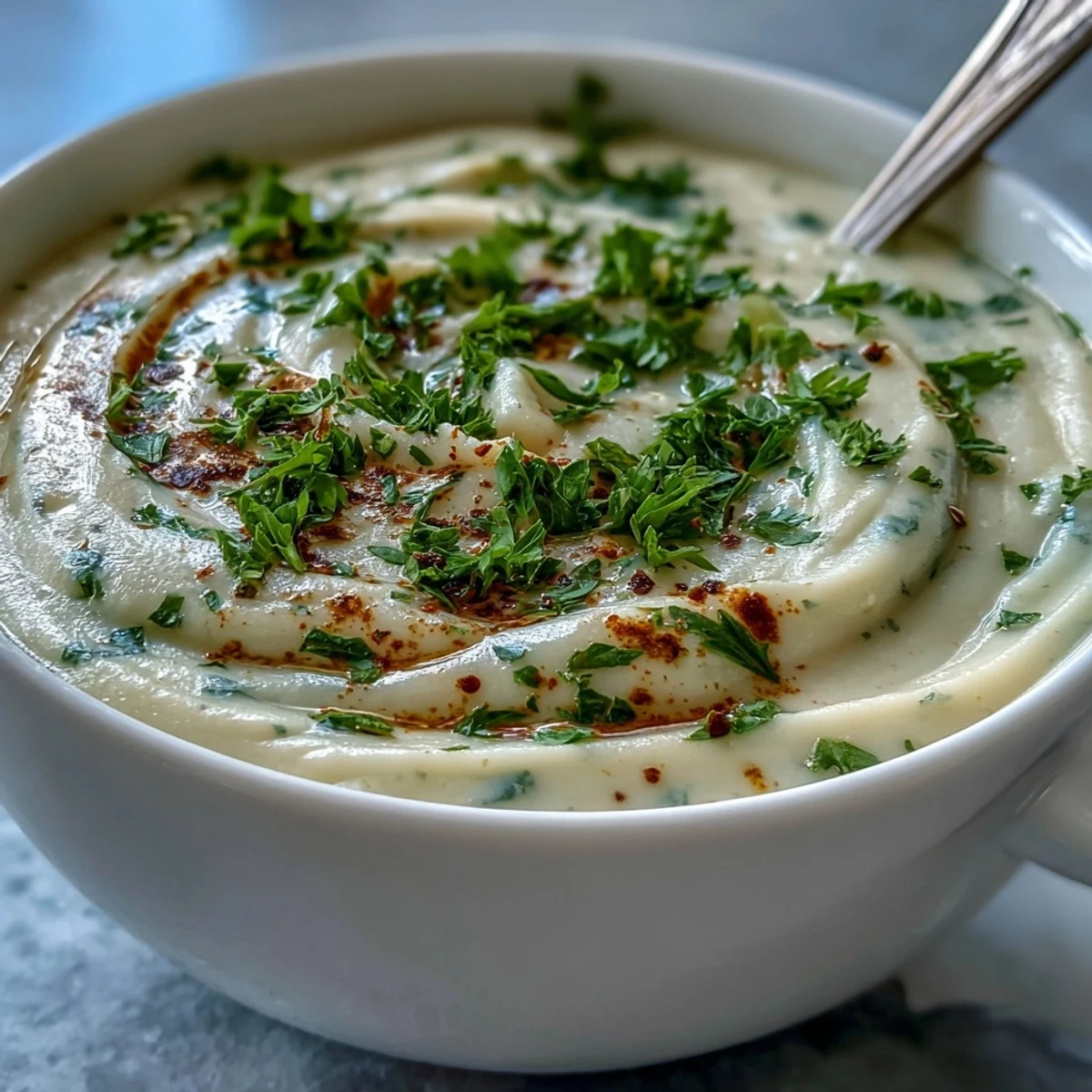 Spoon dipping into a warm bowl of Creamy Vegetable Soup, served beside crusty bread for a cozy meal.