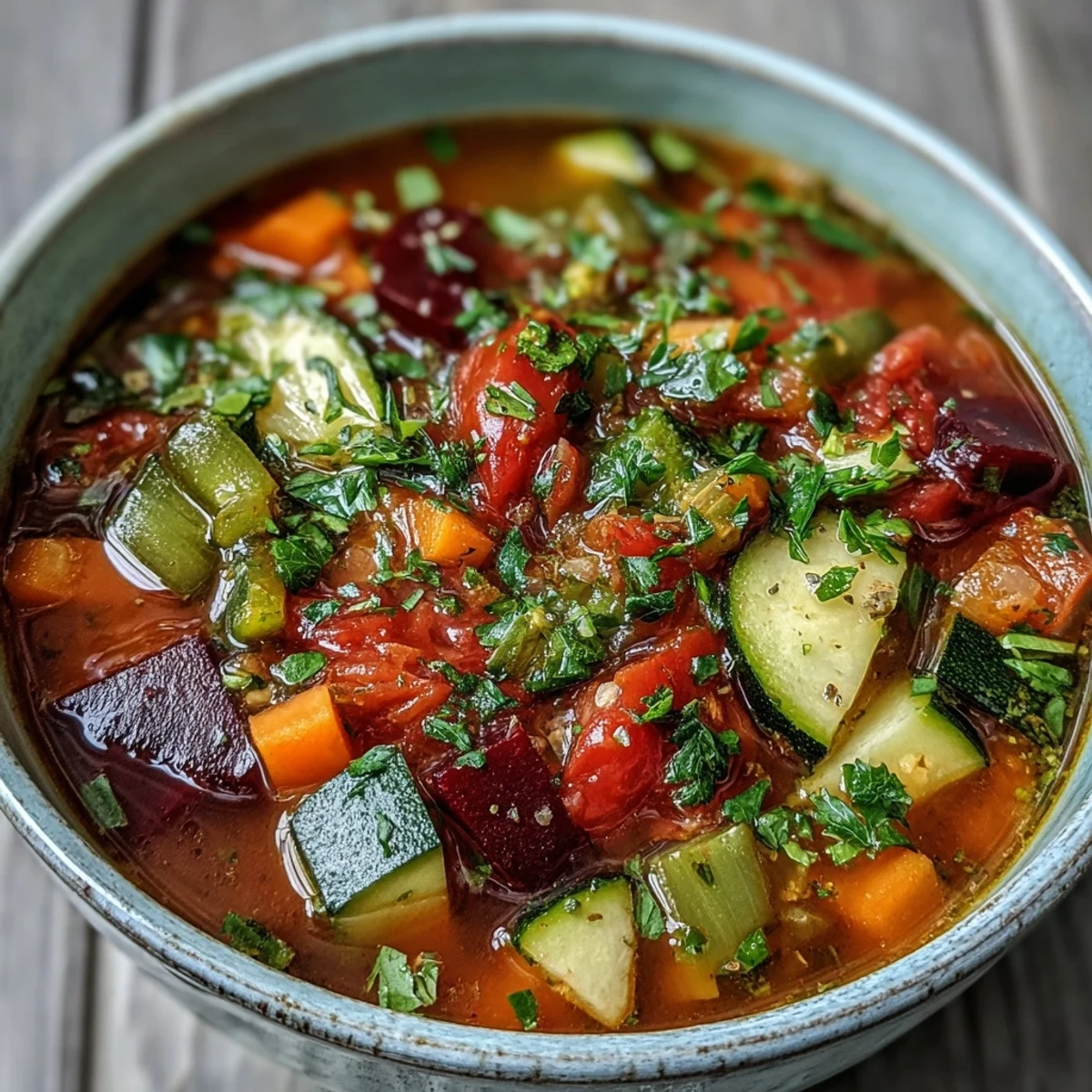 A steaming bowl of Rainbow Vegetable Detox Soup, brimming with vibrant beetroot, carrots, and zucchini, garnished with fresh parsley.
