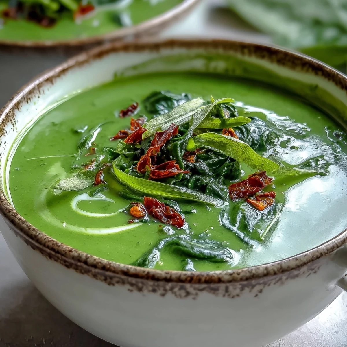 Creamy Spinach Coriander Lemongrass Soup simmering in a pot with a wooden ladle, garnished with fresh cilantro and red chili.