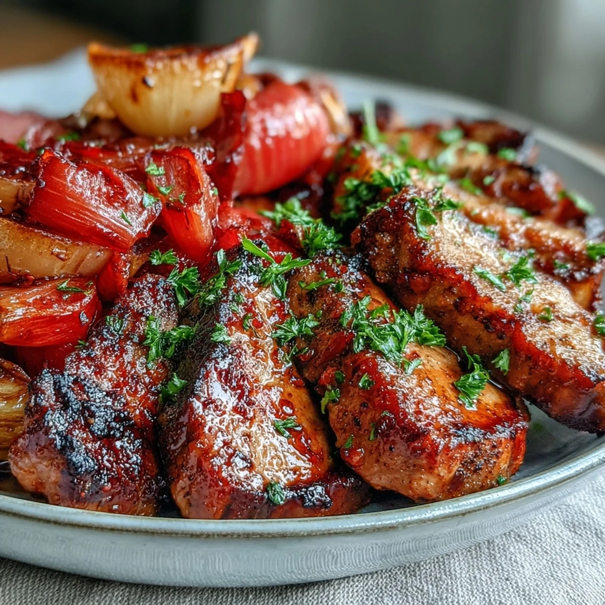 Golden-brown, succulent slices of Pork and Aromatic Rhubarb Traybake with caramelized onions on a baking tray.