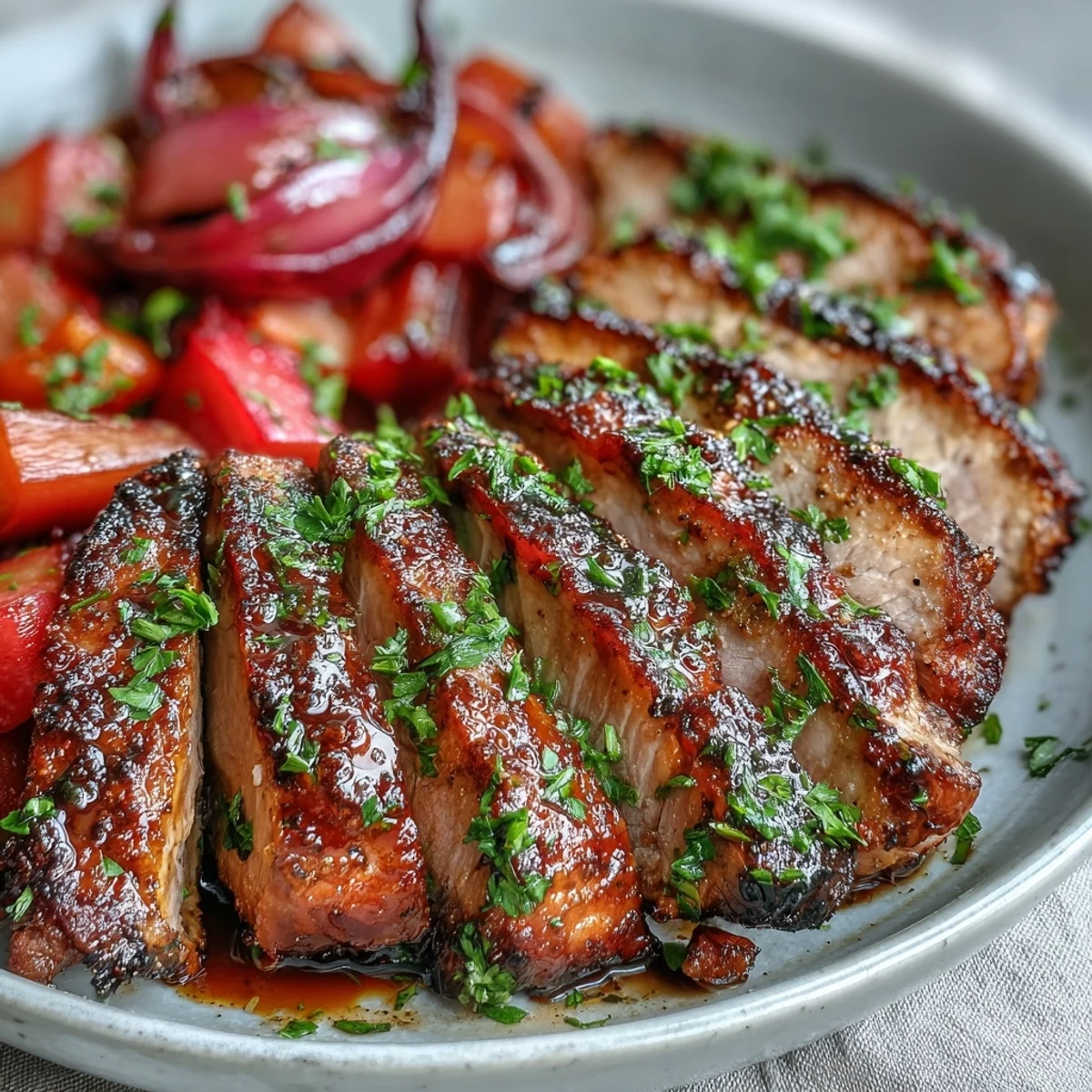 Juicy Pork and Aromatic Rhubarb Traybake served over couscous with roasted potatoes on the side.