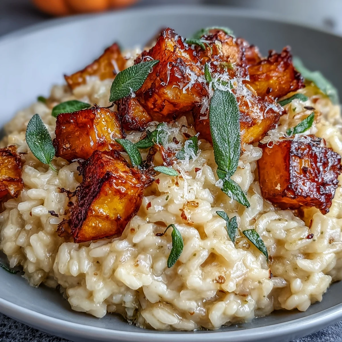 A comforting bowl of Vegan Pumpkin Risotto features tender pumpkin pieces, creamy rice, and aromatic fried sage for a perfect autumn meal.  