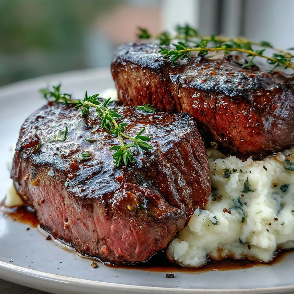 Golden-brown venison steaks resting on creamy, caraway-scented swede mash, with a rich red wine pan sauce drizzled over.