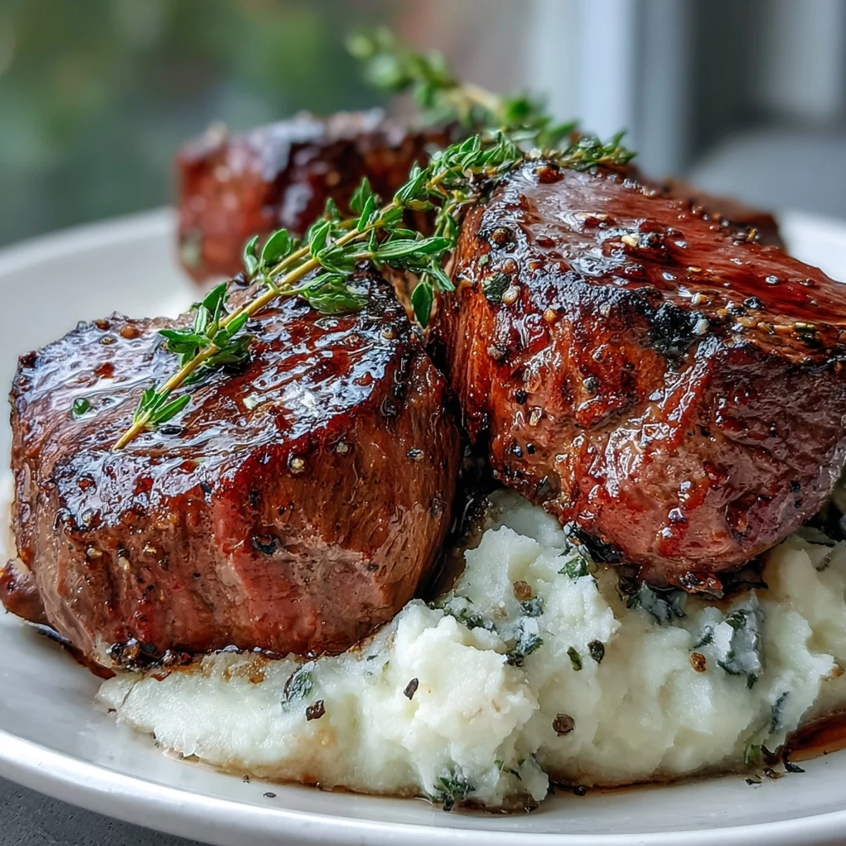 A close-up of tender, medium-rare venison steaks atop buttery crushed swede, garnished with fresh thyme and caraway seeds.